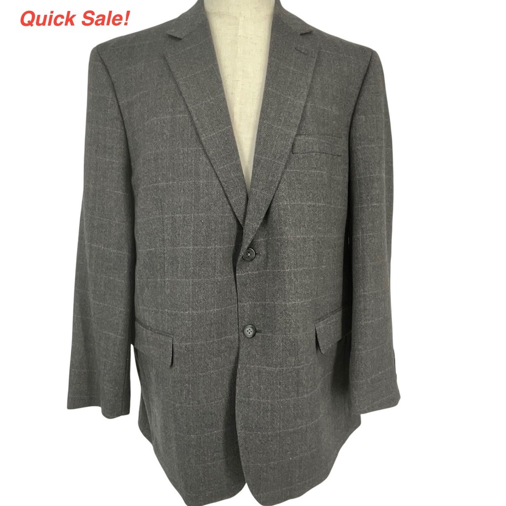 Jones‎ New York Mens 46R Grey Herringbone Windowpane Wool Silk Cashmere Blazer